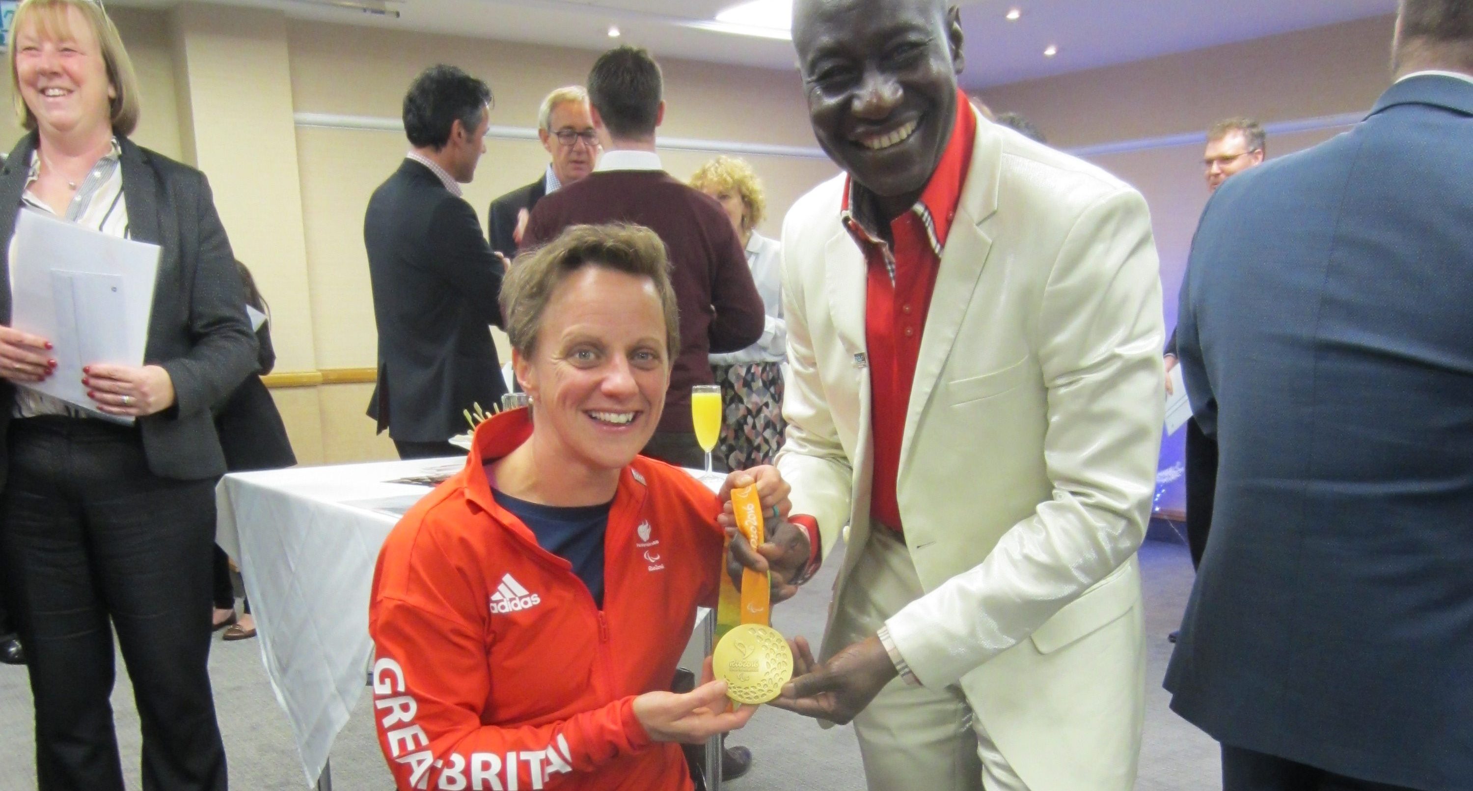 SEM's Maxwell Ayamba meets gold medal winning paralympian Emma Wiggs at a special event hosted by The International Sports Federation for Persons with Intellectual Disability (INAS).